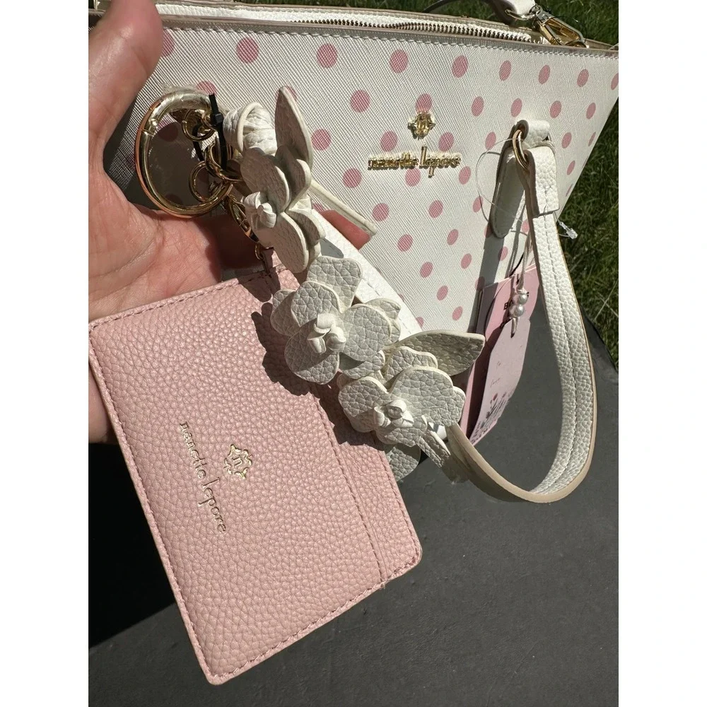 Nanette Lepore White Pink Polka Dot Satchel Handbag Crossbody Bag Charm NWT